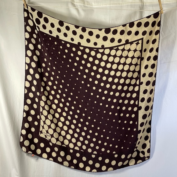Nur Ipek Scarf 37” X 32” Brown & Cream Silk Polka Dot Hair Neck Vintage Fashion - Picture 6 of 9